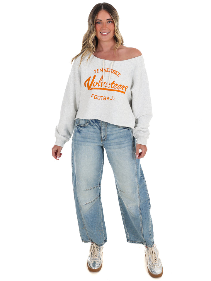 Vols Football Stencil Tie Off Shoulder Hi-Dive Sweatshirt
