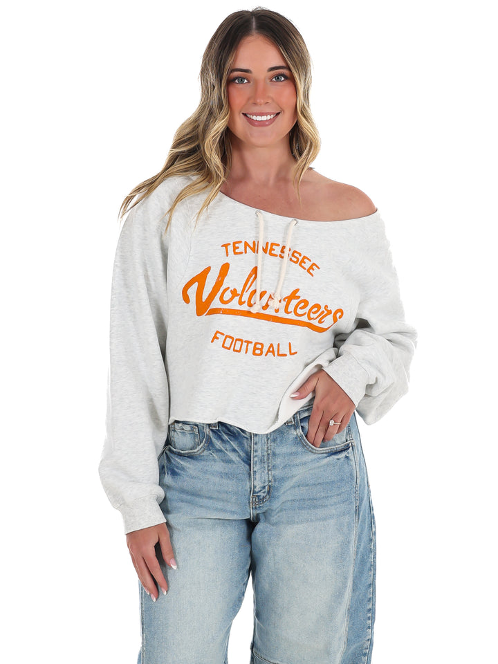 Vols Football Stencil Tie Off Shoulder Hi-Dive Sweatshirt