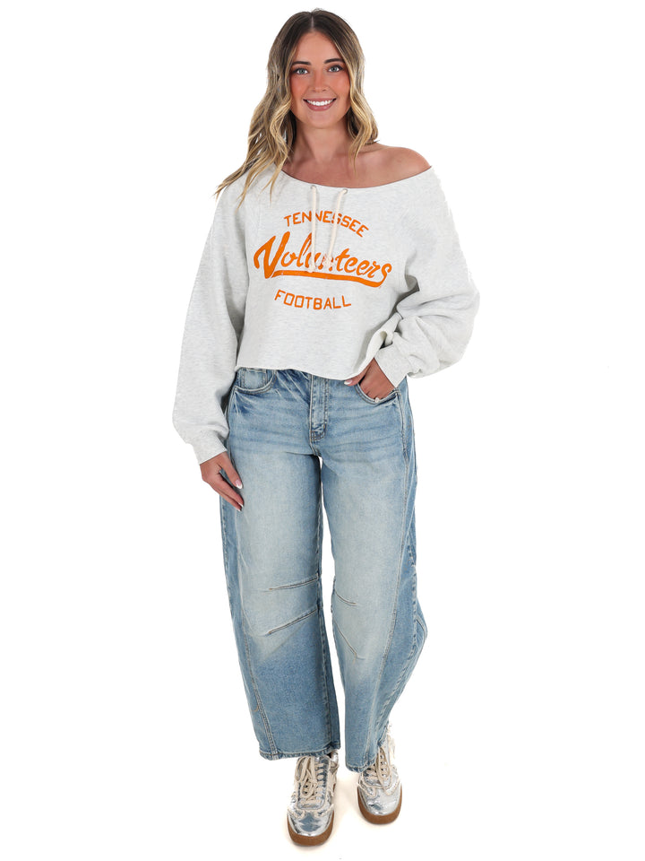 Vols Football Stencil Tie Off Shoulder Hi-Dive Sweatshirt