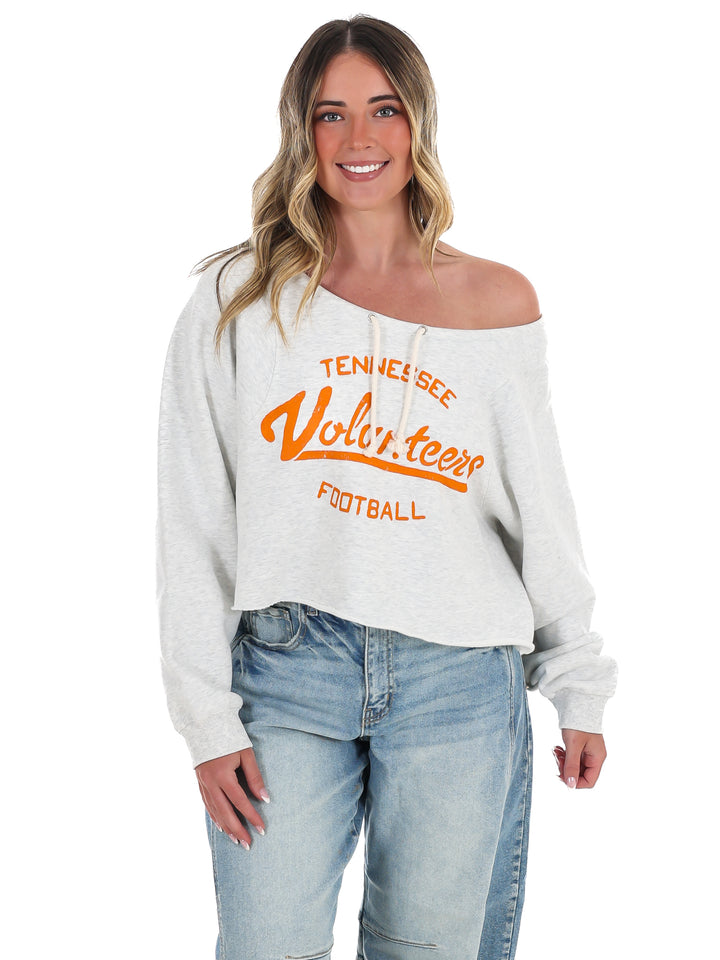Vols Football Stencil Tie Off Shoulder Hi-Dive Sweatshirt