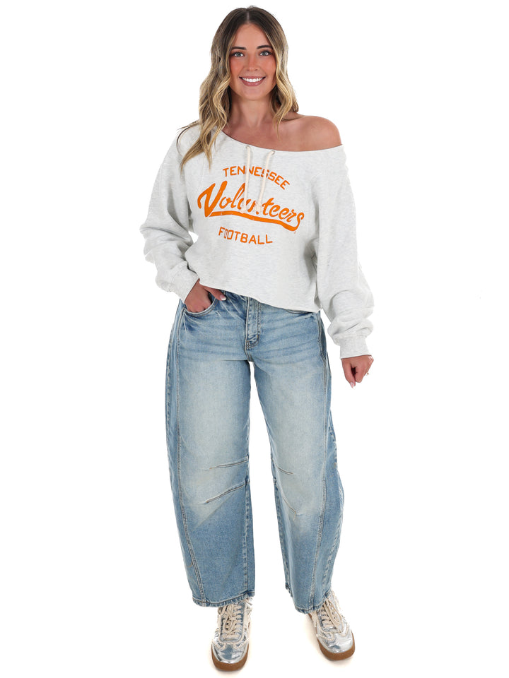 Vols Football Stencil Tie Off Shoulder Hi-Dive Sweatshirt