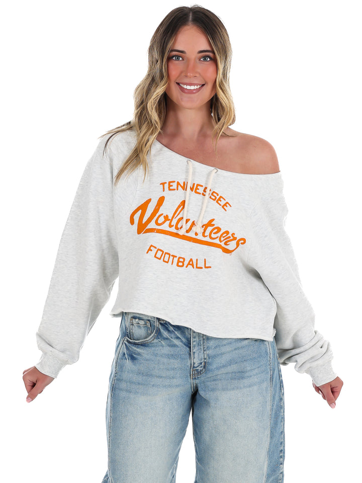Vols Football Stencil Tie Off Shoulder Hi-Dive Sweatshirt