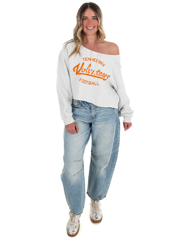 Vols Football Stencil Tie Off Shoulder Hi-Dive Sweatshirt