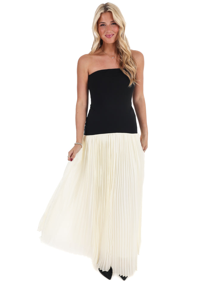Amour Strapless Drop Waist Pleated Maxi Dress