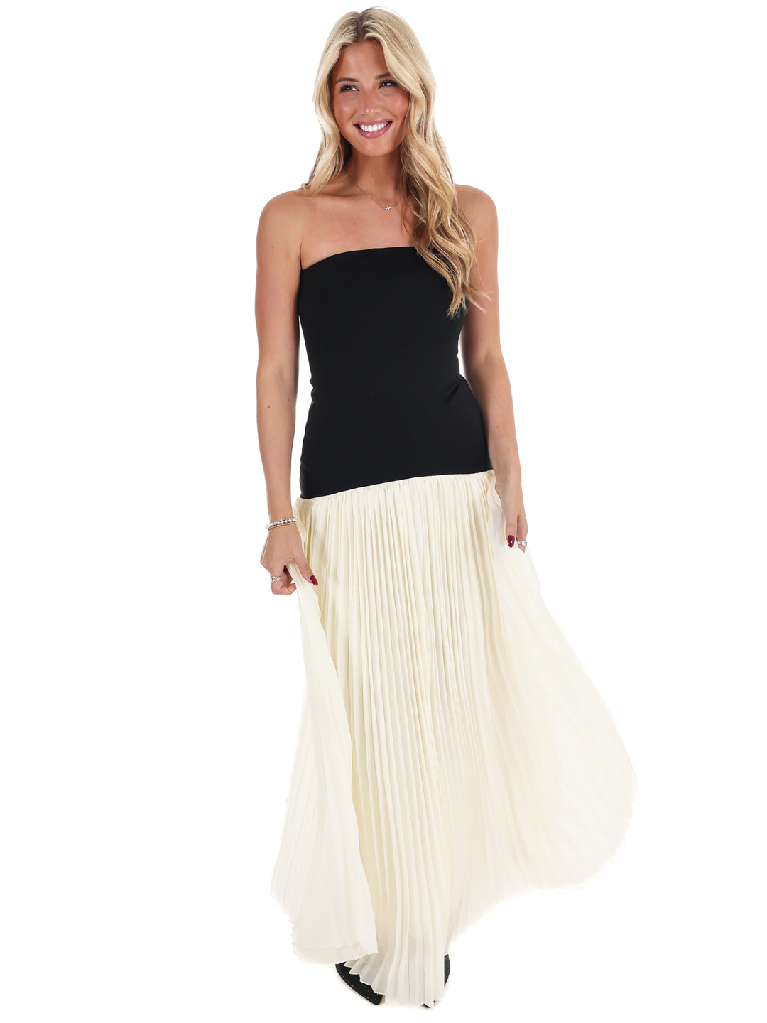 Amour Strapless Drop Waist Pleated Maxi Dress