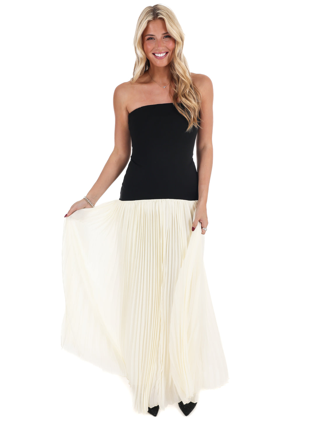 Amour Strapless Drop Waist Pleated Maxi Dress