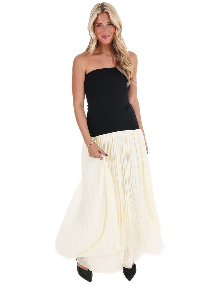 Amour Strapless Drop Waist Pleated Maxi Dress