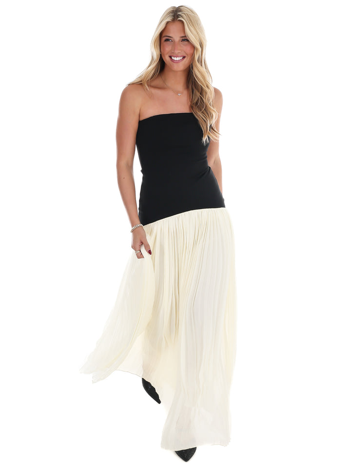 Amour Strapless Drop Waist Pleated Maxi Dress