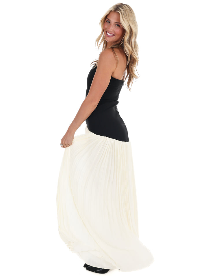 Amour Strapless Drop Waist Pleated Maxi Dress