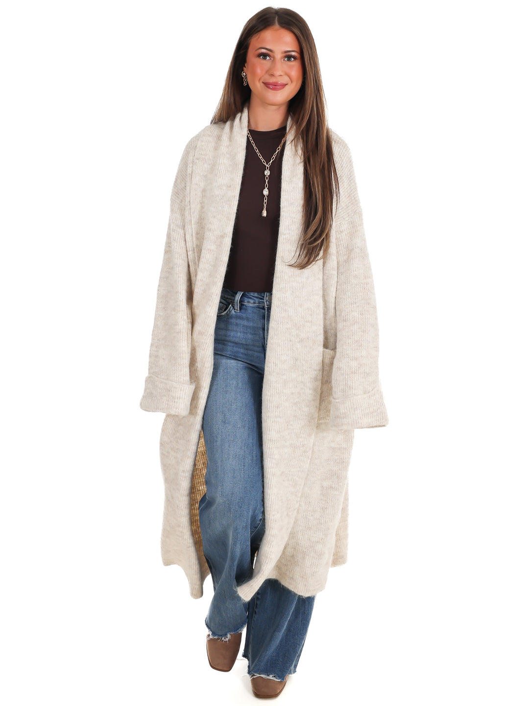 Solid Shawl Collar Open Long Cardigan
