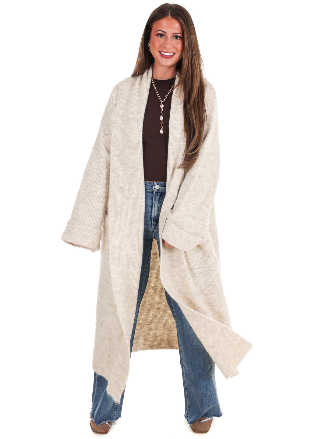 Solid Shawl Collar Open Long Cardigan
