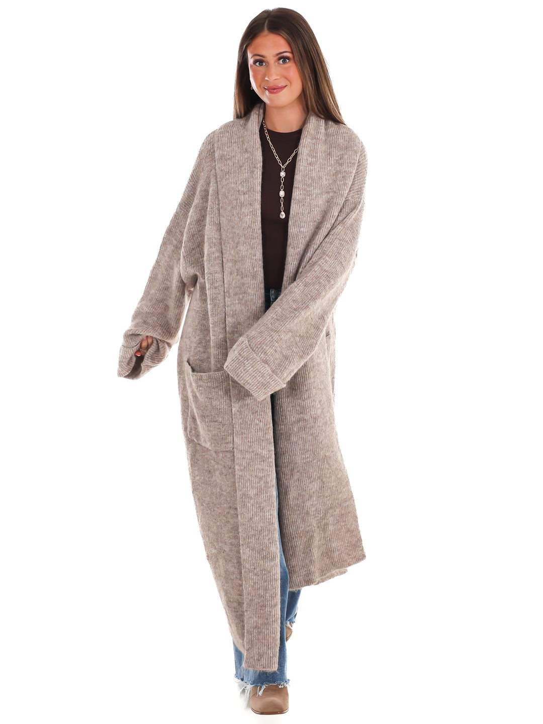 Solid Shawl Collar Open Long Cardigan