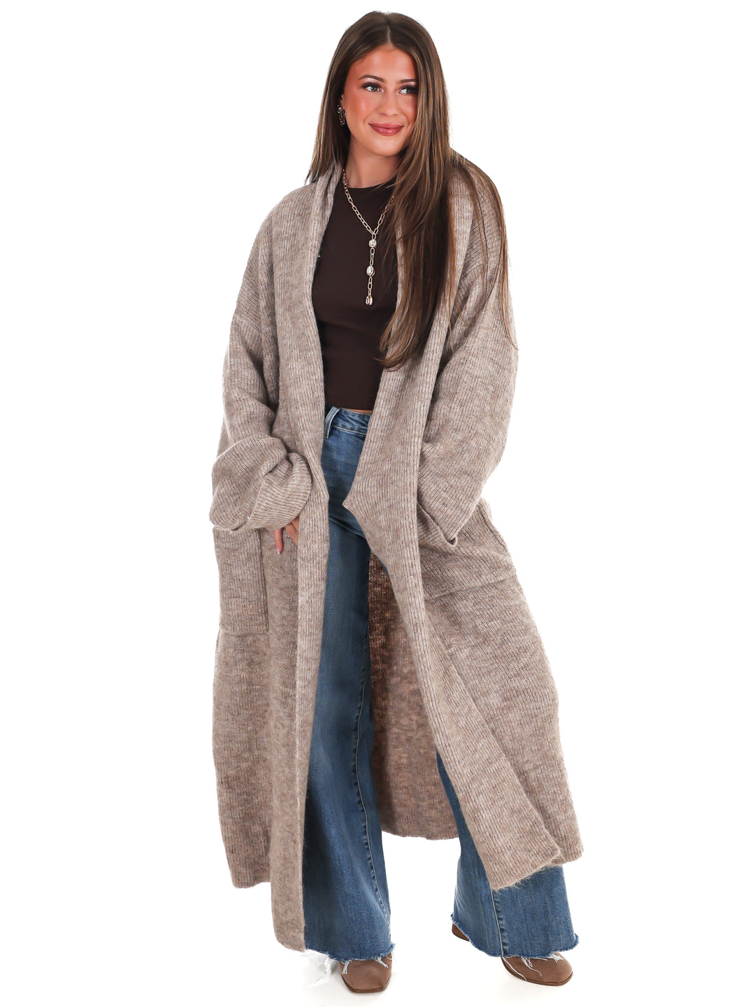 Solid Shawl Collar Open Long Cardigan