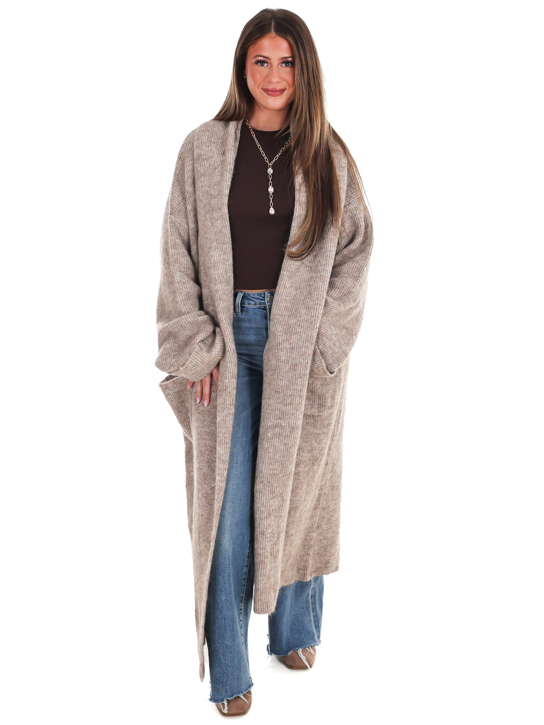 Solid Shawl Collar Open Long Cardigan