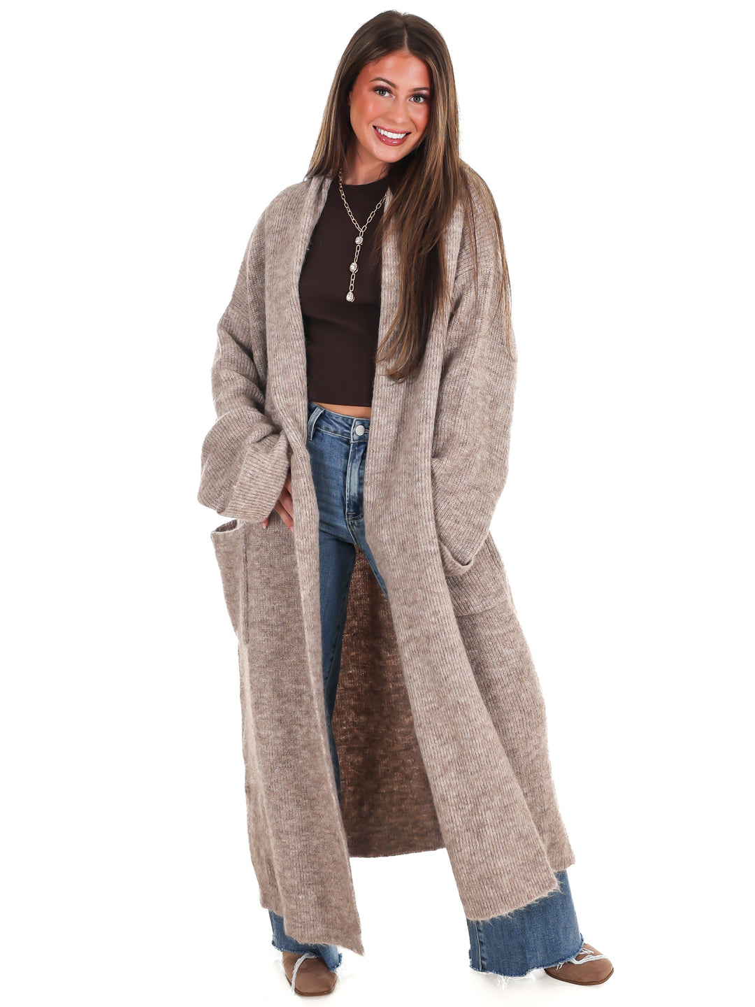 Solid Shawl Collar Open Long Cardigan