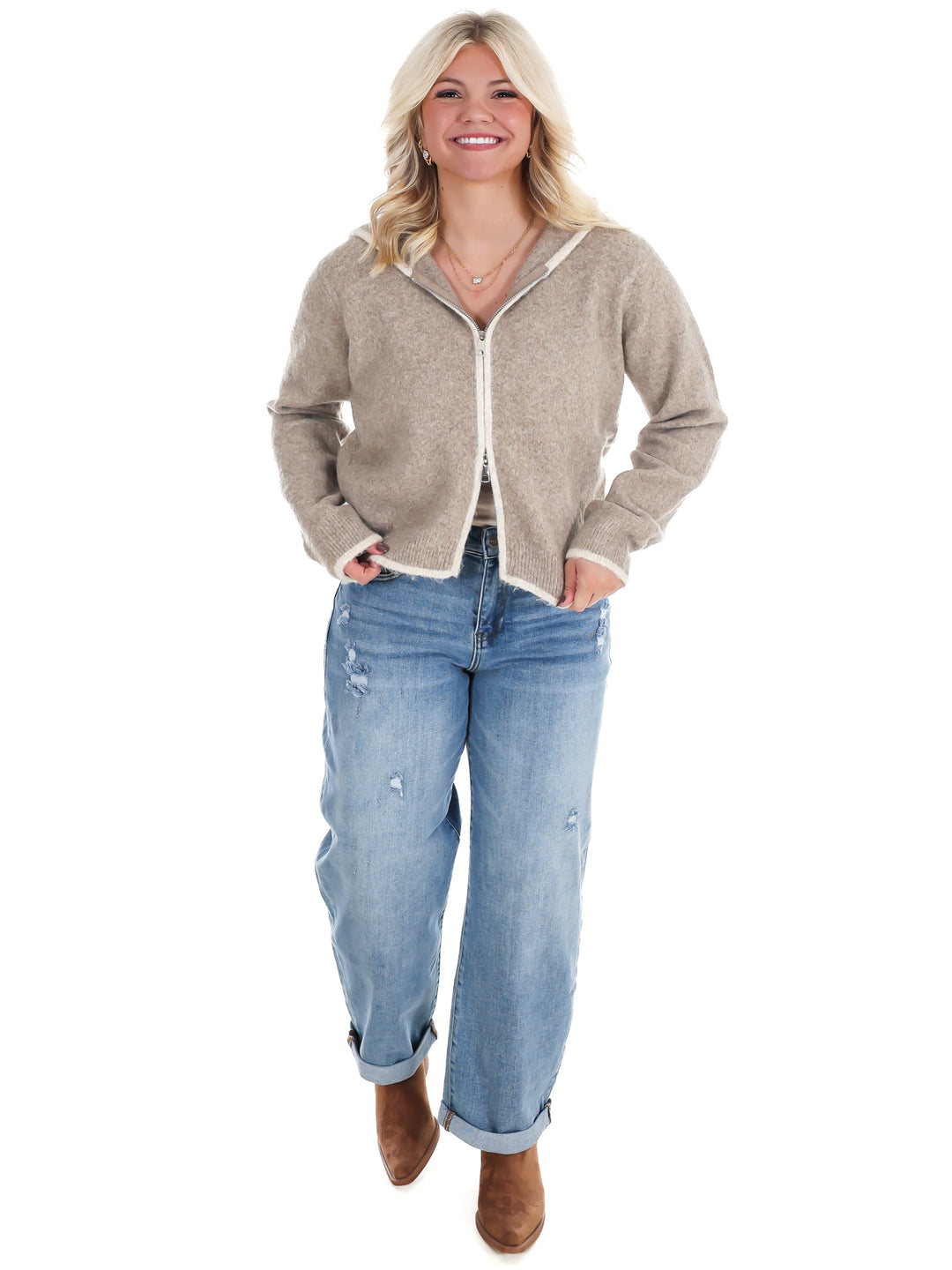 Toasty Thoughts Contrast Hoodie Zip Cardigan
