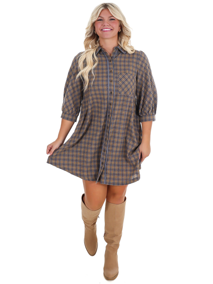 Falling Fast Plaid Shirt Dress