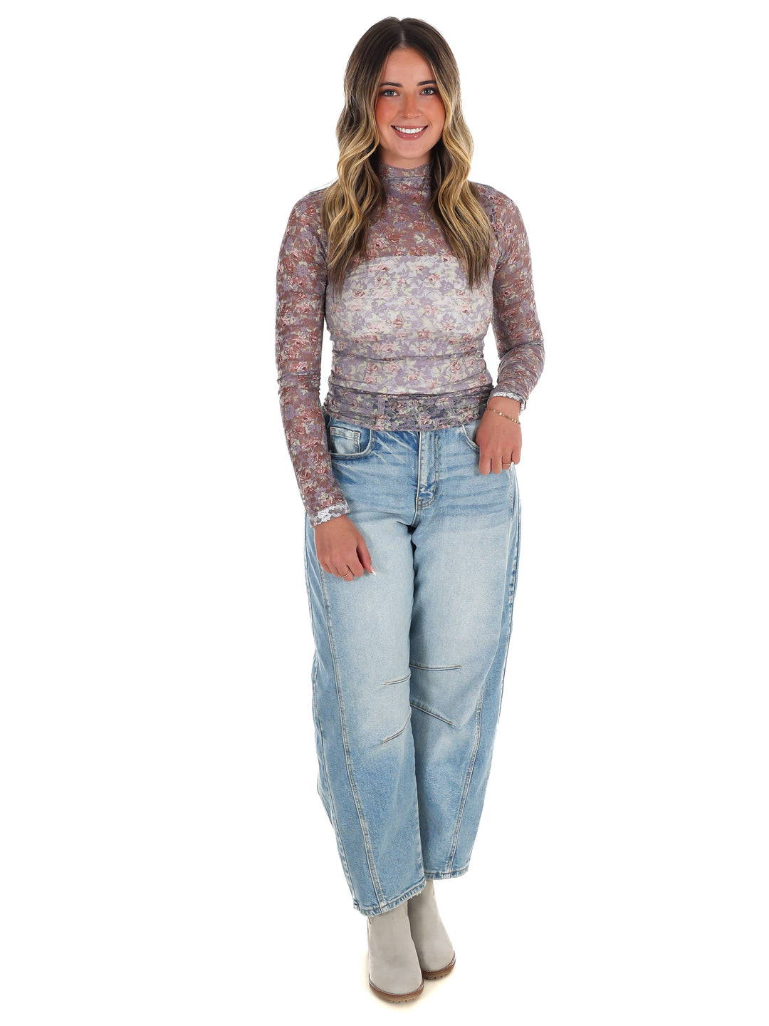 High Neck Sheer Mesh Lace Knit Top