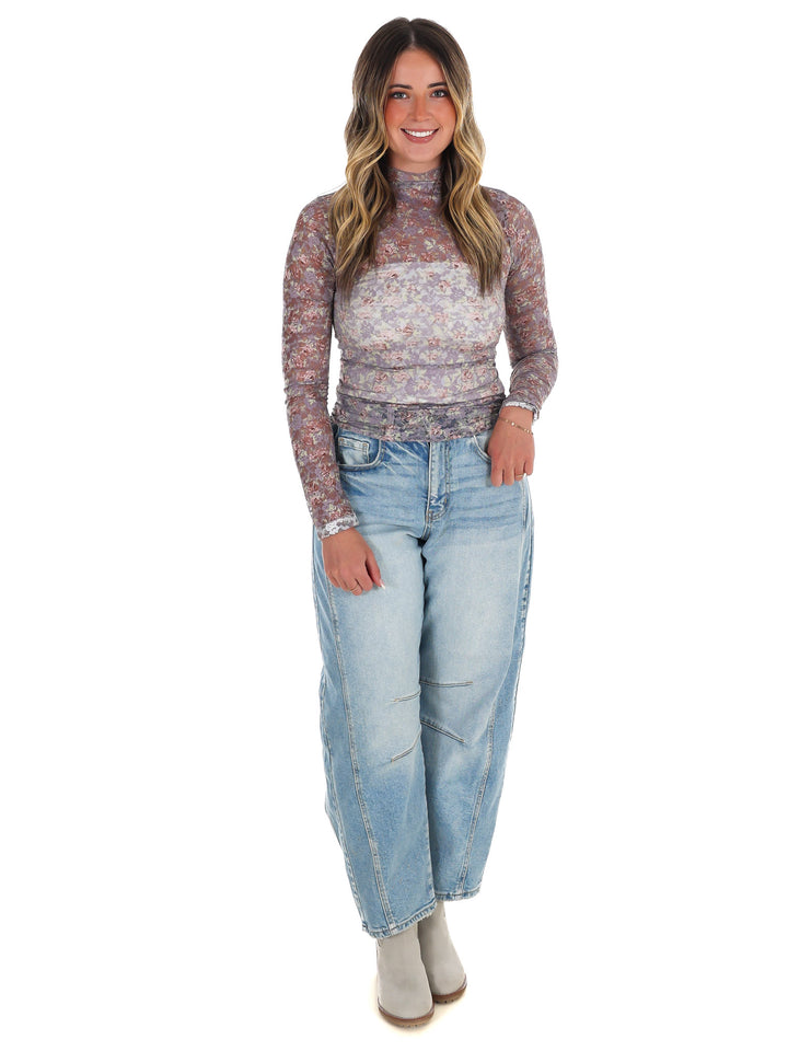 High Neck Sheer Mesh Lace Knit Top