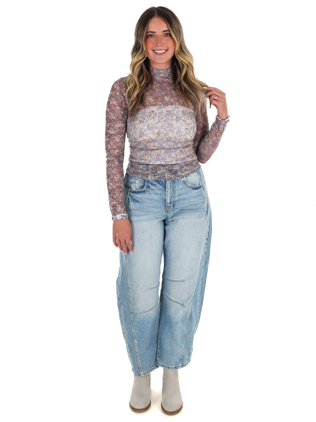 High Neck Sheer Mesh Lace Knit Top