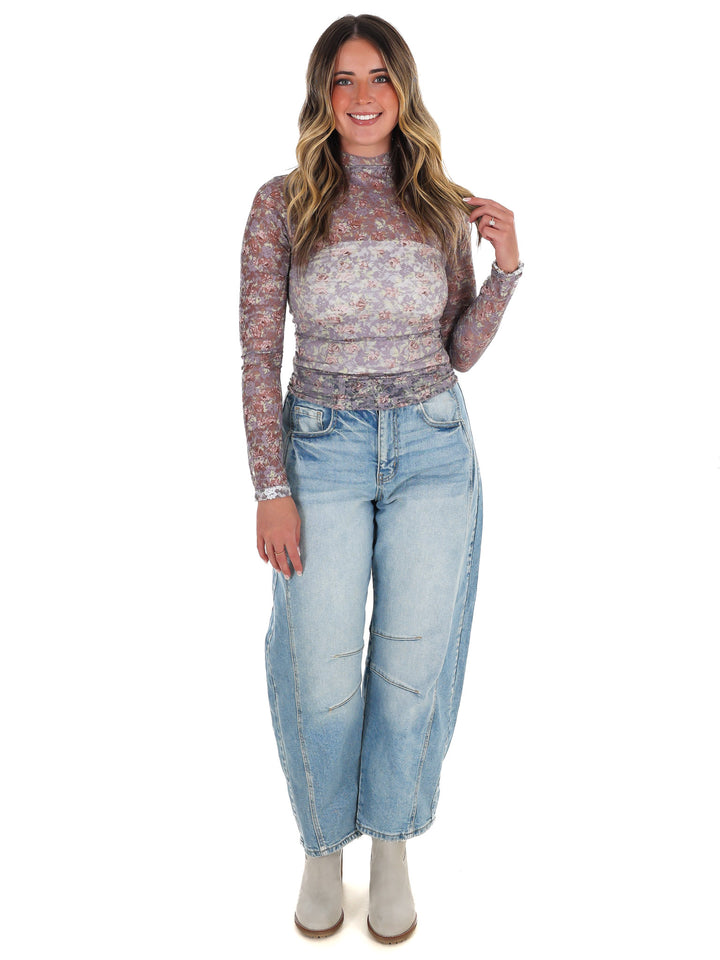High Neck Sheer Mesh Lace Knit Top