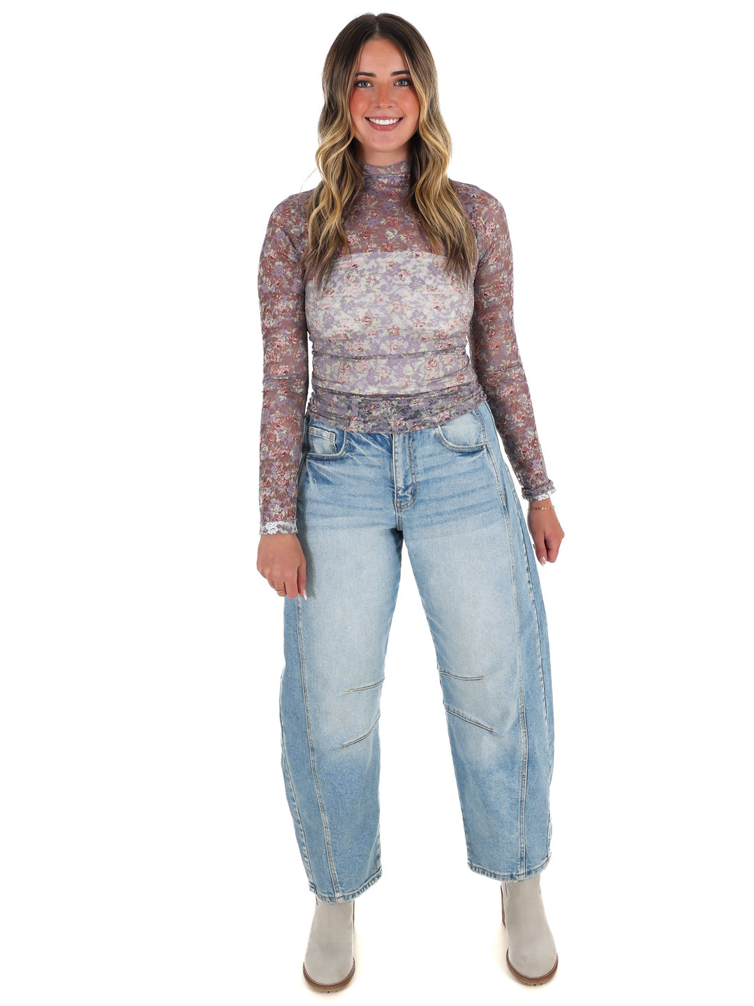 High Neck Sheer Mesh Lace Knit Top