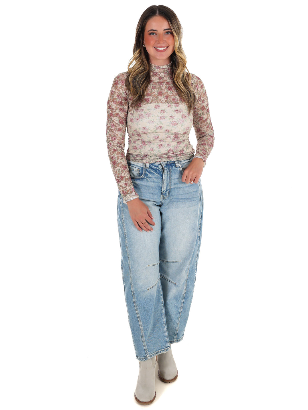 High Neck Sheer Mesh Lace Knit Top
