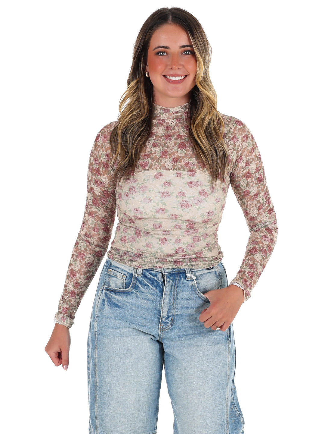 High Neck Sheer Mesh Lace Knit Top