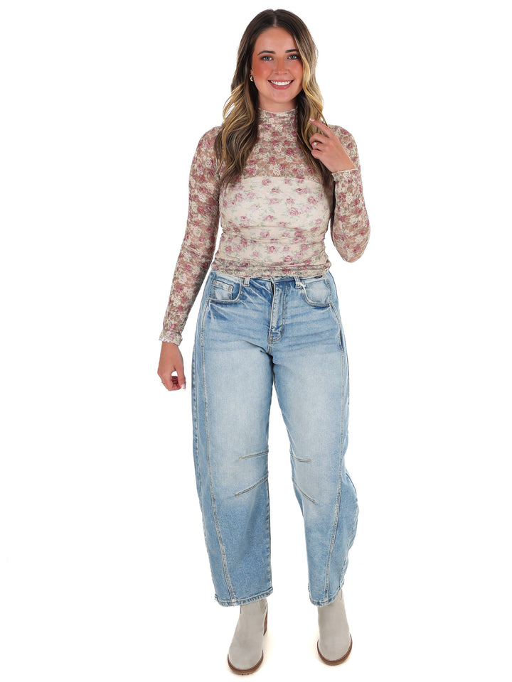 High Neck Sheer Mesh Lace Knit Top