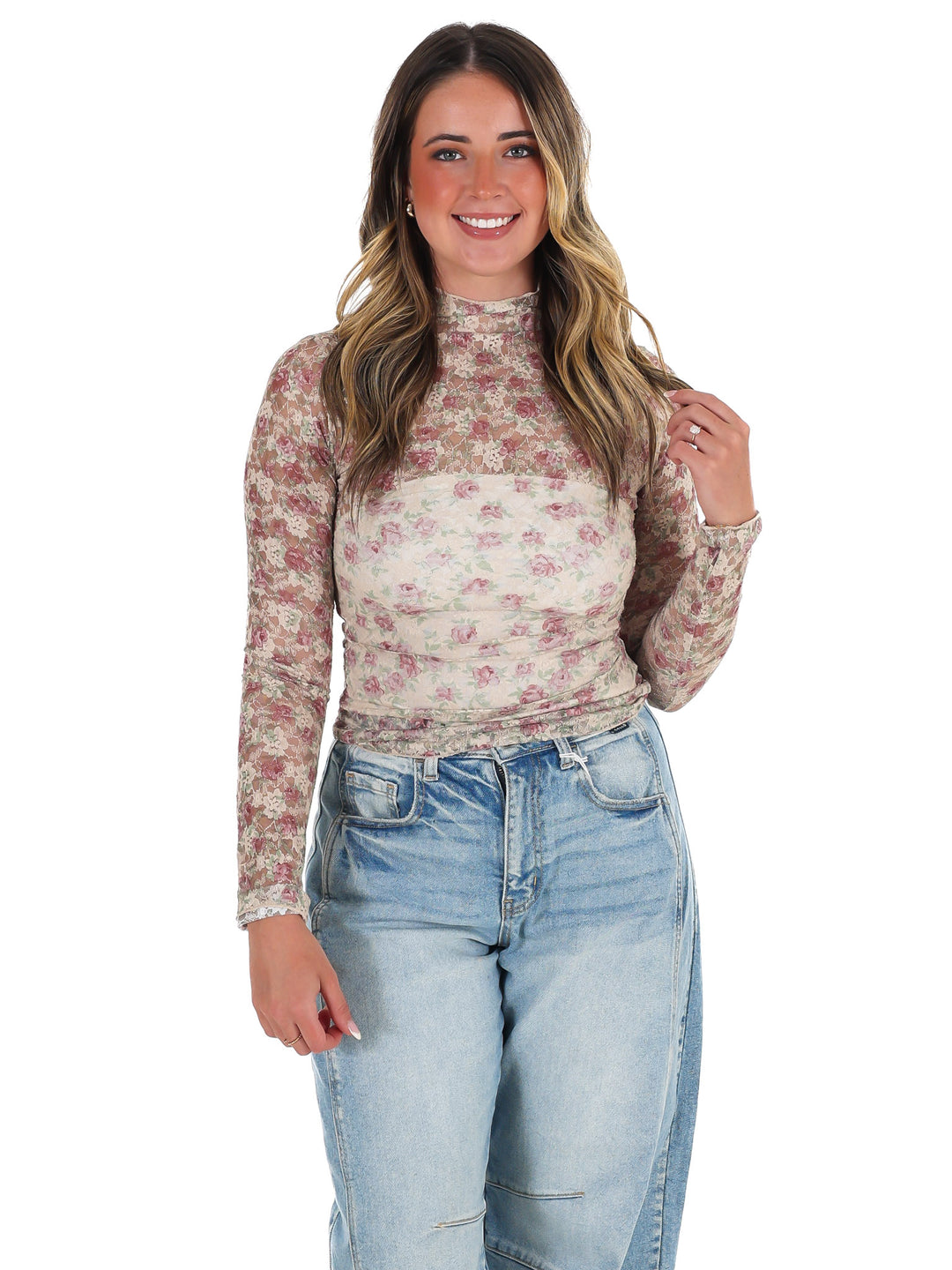 High Neck Sheer Mesh Lace Knit Top