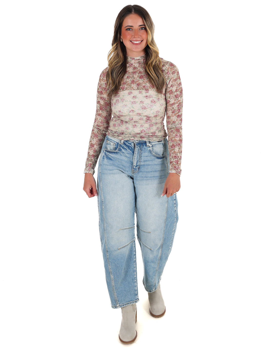 High Neck Sheer Mesh Lace Knit Top