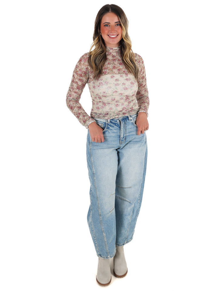 High Neck Sheer Mesh Lace Knit Top