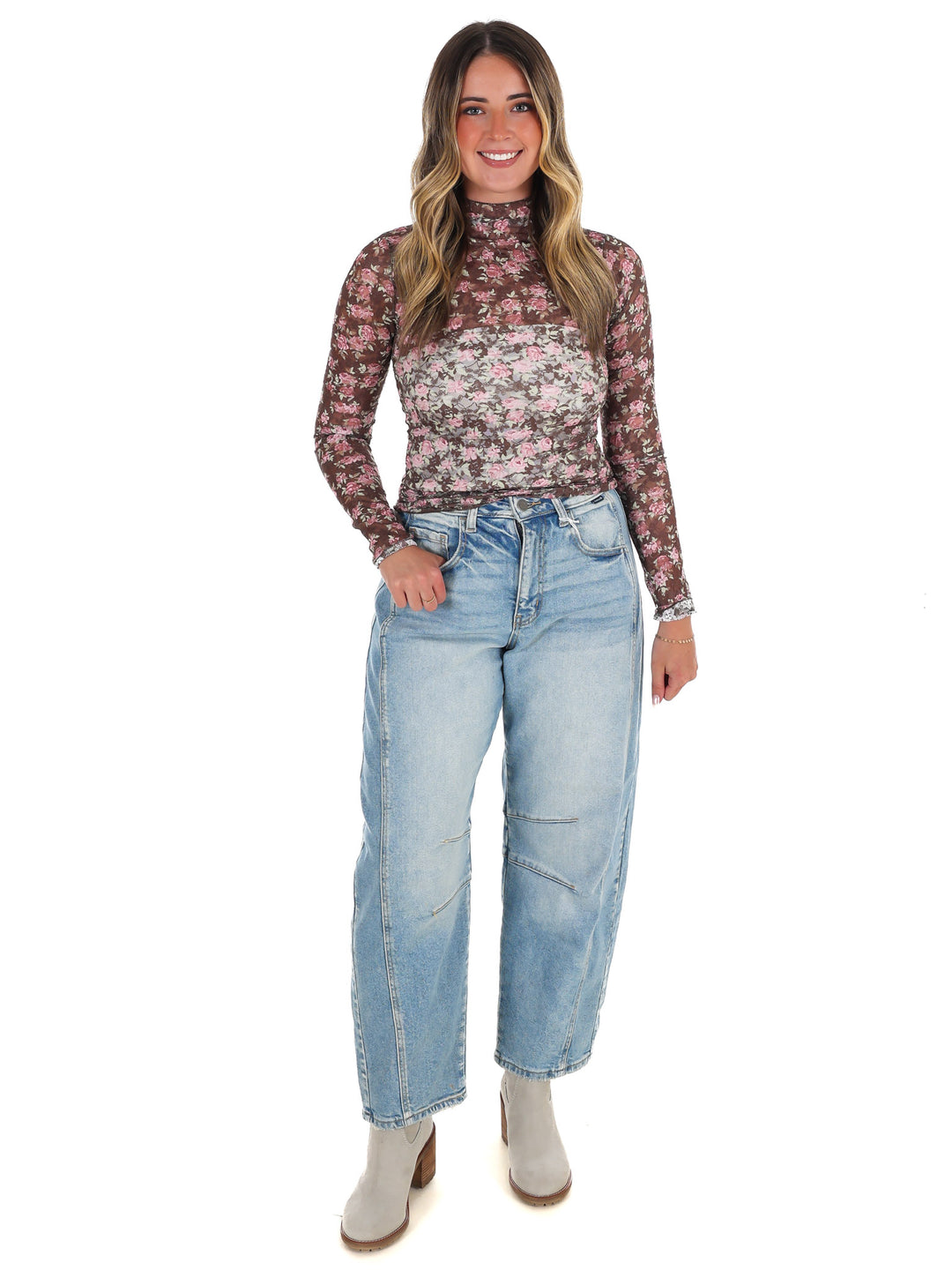 High Neck Sheer Mesh Lace Knit Top