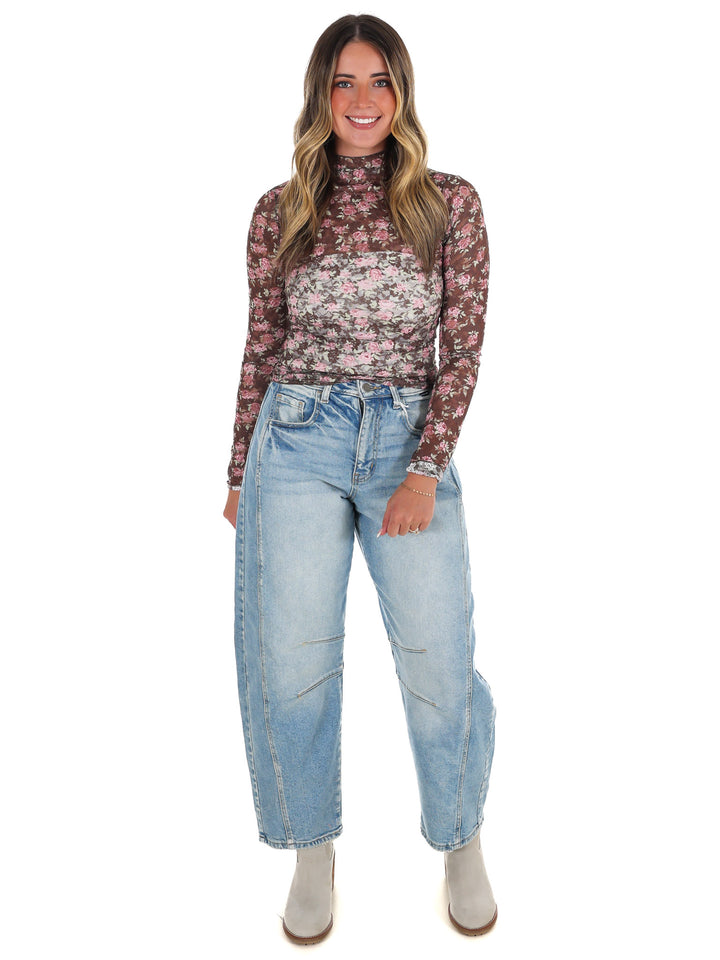 High Neck Sheer Mesh Lace Knit Top