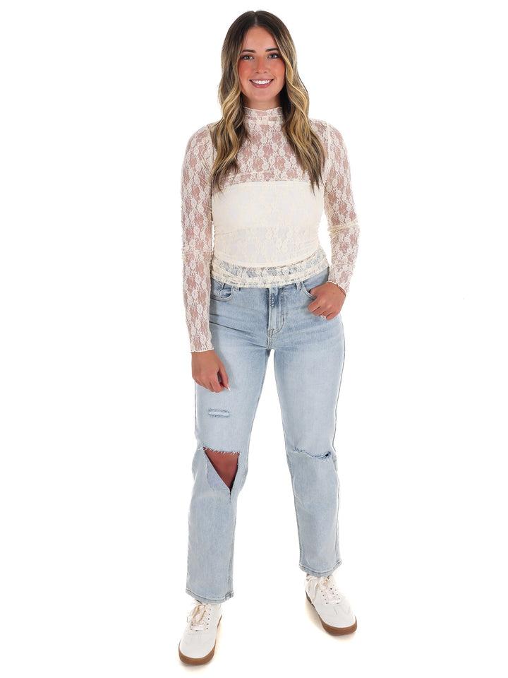 High Neck Sheer Mesh Lace Knit Top