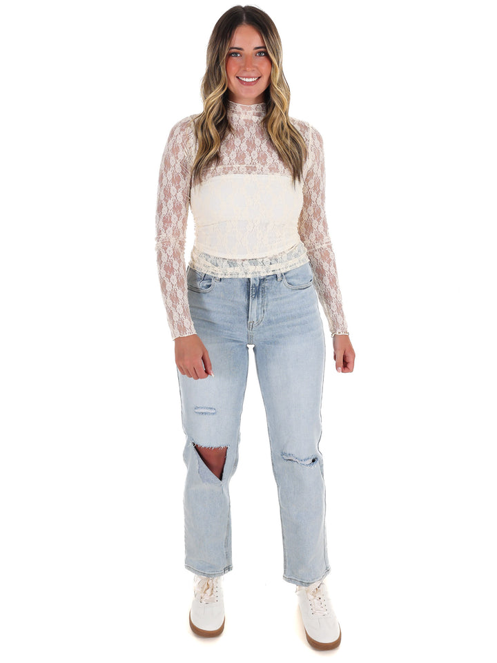 High Neck Sheer Mesh Lace Knit Top