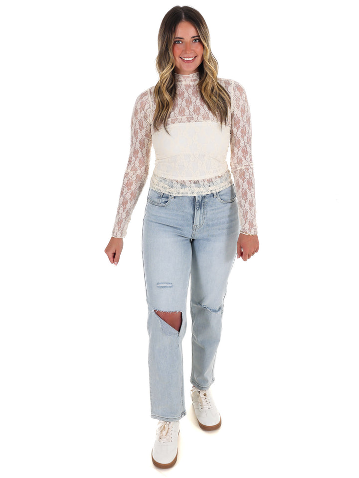 High Neck Sheer Mesh Lace Knit Top