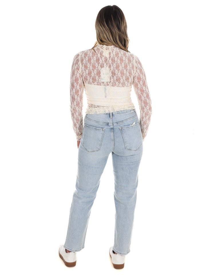 High Neck Sheer Mesh Lace Knit Top