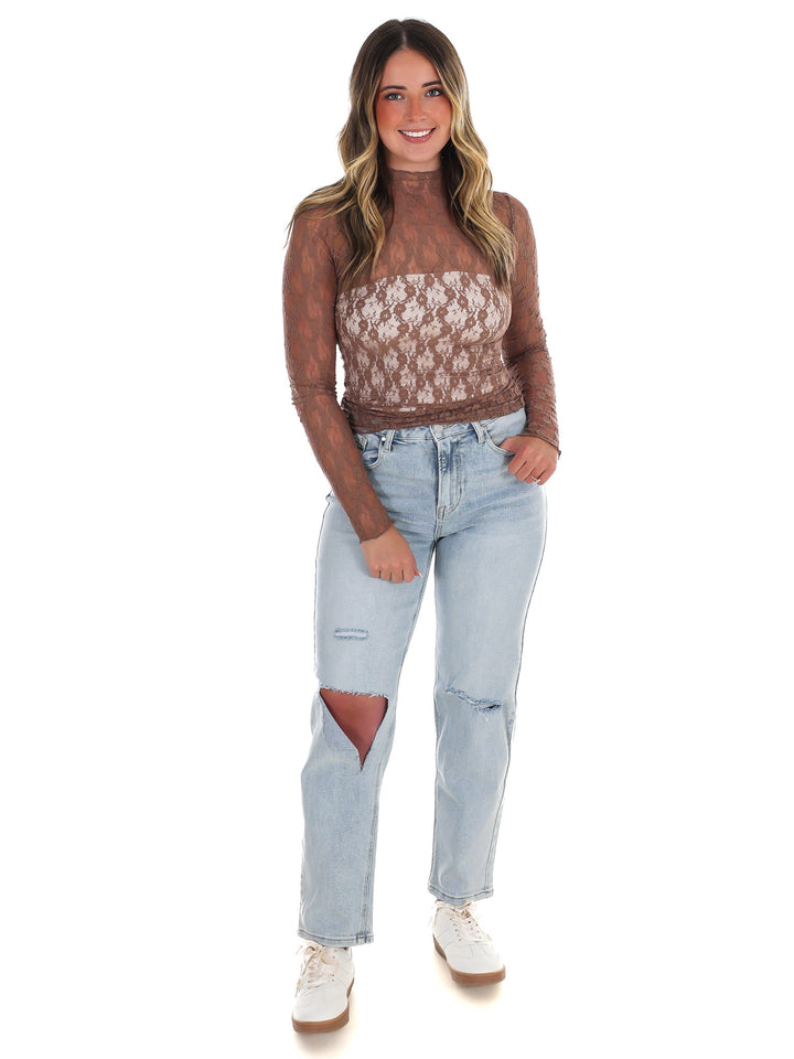 High Neck Sheer Mesh Lace Knit Top