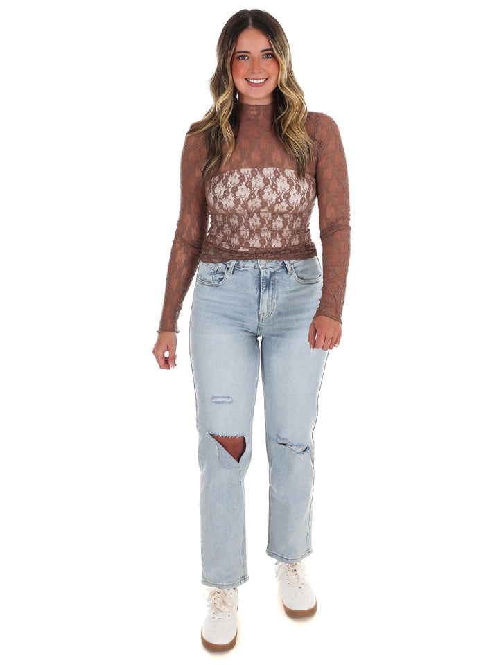 High Neck Sheer Mesh Lace Knit Top