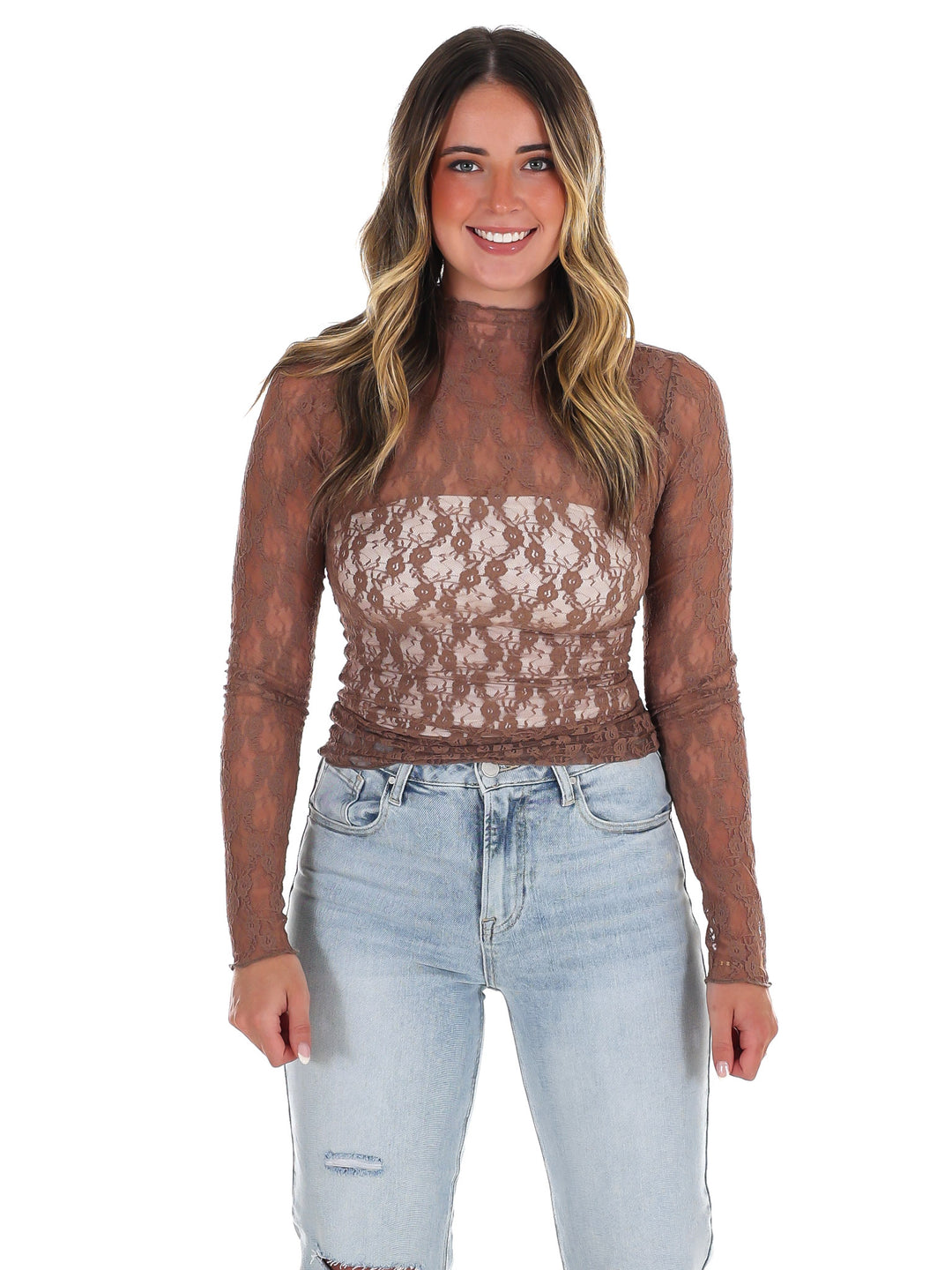 High Neck Sheer Mesh Lace Knit Top