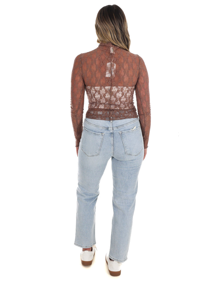 High Neck Sheer Mesh Lace Knit Top