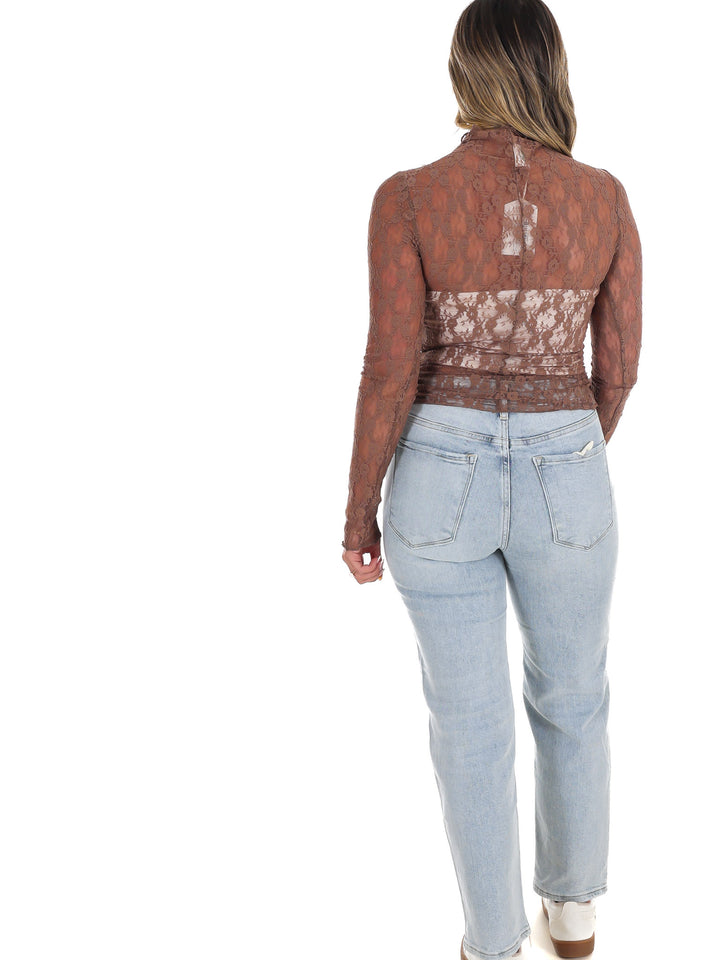 High Neck Sheer Mesh Lace Knit Top
