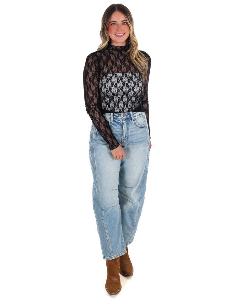 High Neck Sheer Mesh Lace Knit Top
