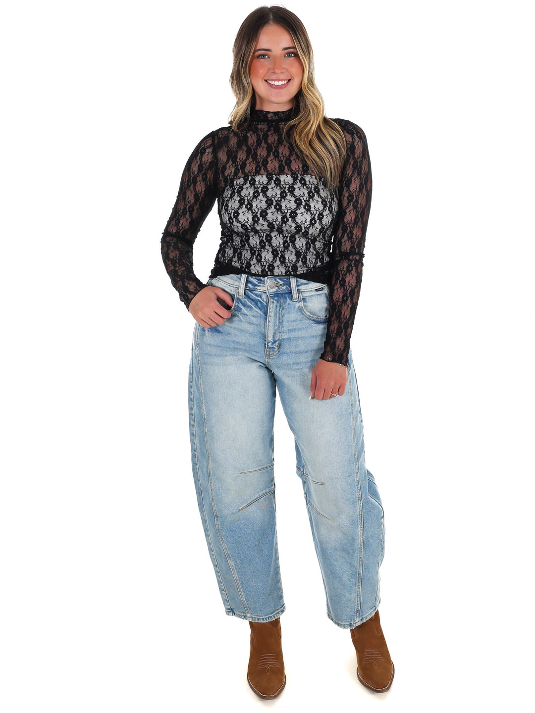 High Neck Sheer Mesh Lace Knit Top