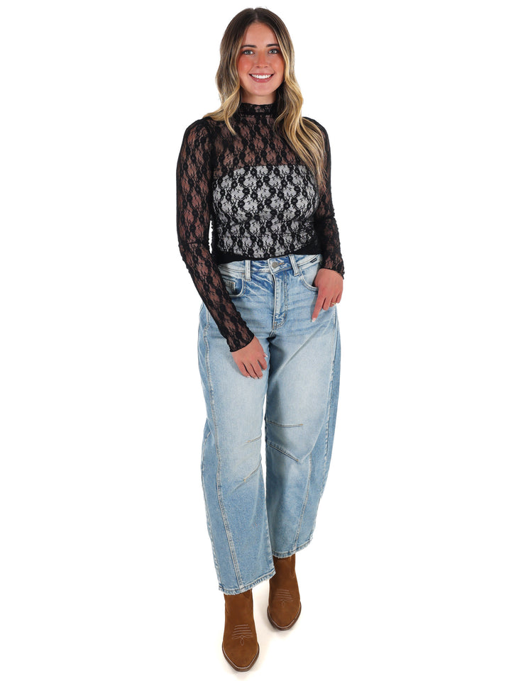 High Neck Sheer Mesh Lace Knit Top