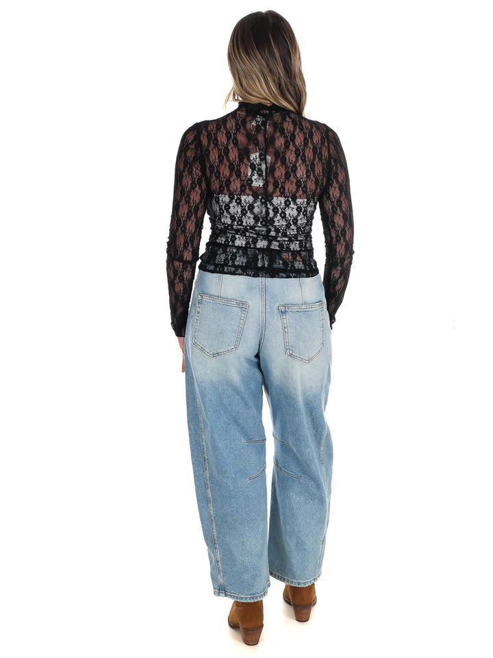 High Neck Sheer Mesh Lace Knit Top