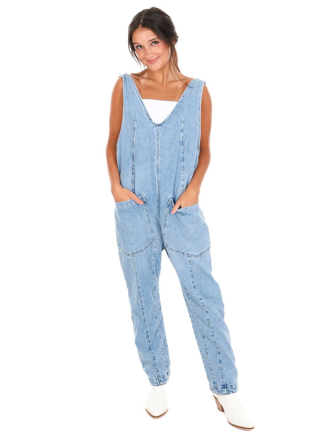 Free People High Roller Light Blue Denim Jumpsuit