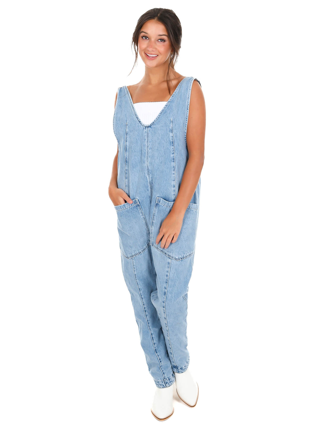 Free People High Roller Light Blue Denim Jumpsuit