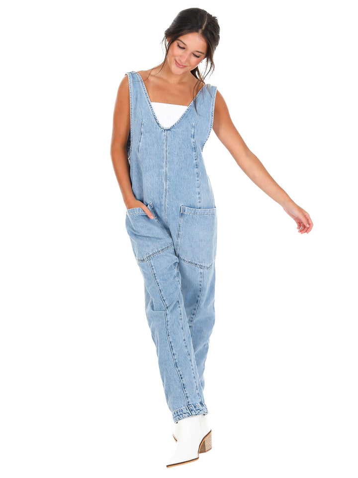 Free People High Roller Light Blue Denim Jumpsuit